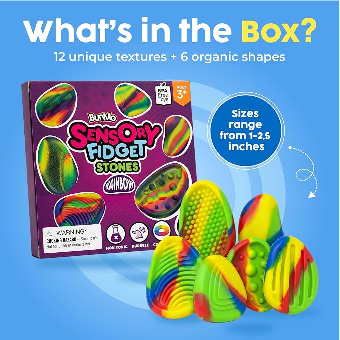 BUNMO Sensory Fidget Stones – 6pk Rainbow | Silicone Worry Stones for Kids Ages 3+ | Portable, Textured, Quiet Sensory Stones for Hands-On Play