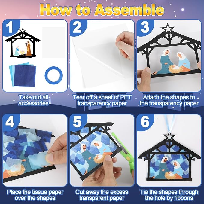 Qyeahkj 36 Set Christmas Nativity Suncatchers Crafts for DIY Nativity Scene Window Tissue Paper Craft Kit Hanging Decor for Xmas Holiday Home Activity Art Project Birthday Party Favor Gift