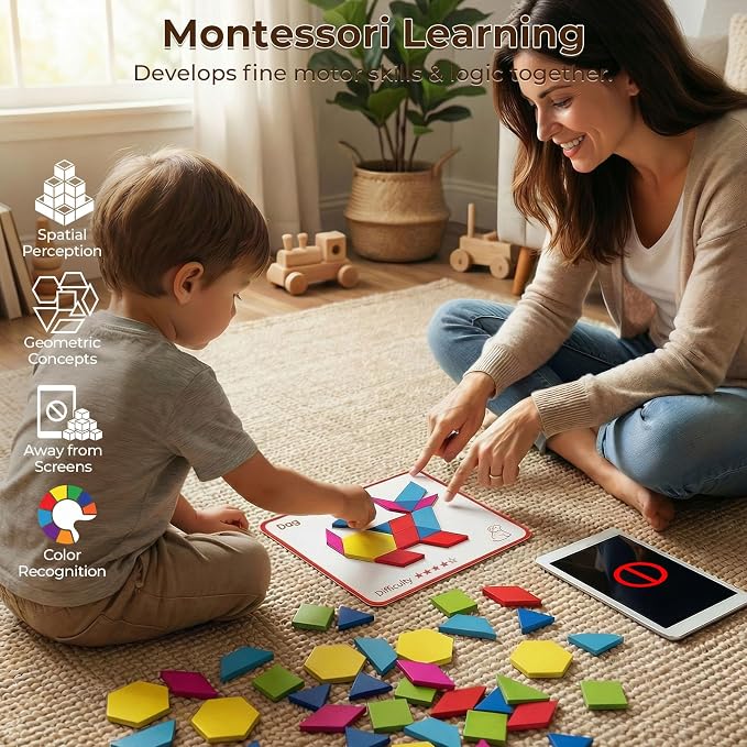 3 Otters 150Pcs Wooden Pattern Blocks Set, Geometric Tangram Shapes | with Activity Cards, Storage Bag, Screenless Play for Kid, Homeschool, Classroom, Travel Essential