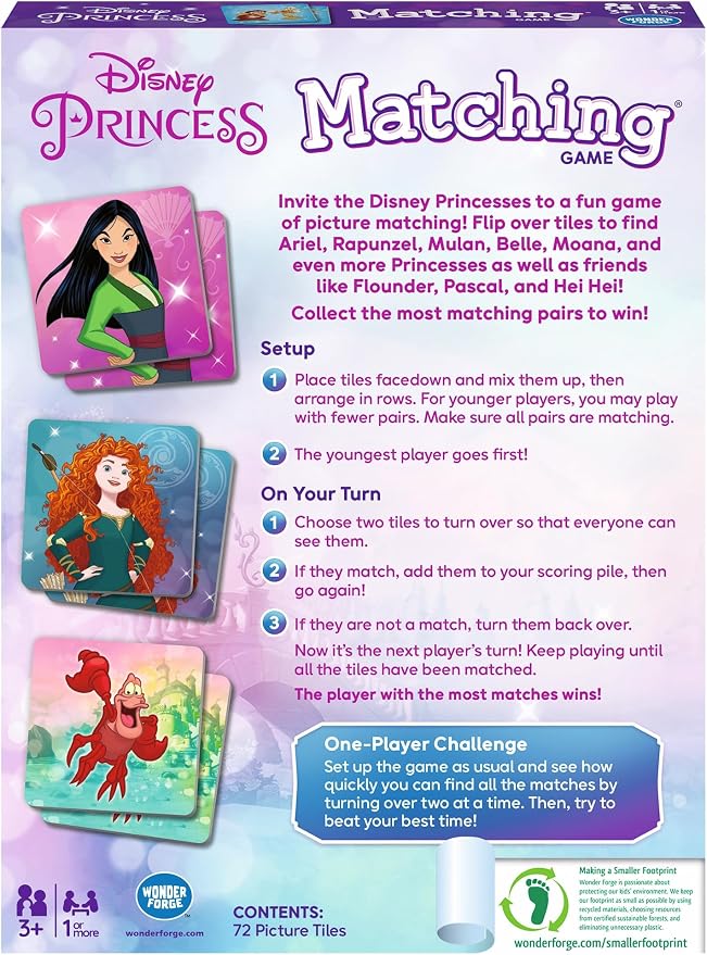 Wonder Forge Disney Princess Matching Game - Fun Memory Game for Kids Ages 3 and Up - Toddler Learning Toy Featuring Belle, Ariel, and Elsa and More Disney Princesses - Packaging May Vary