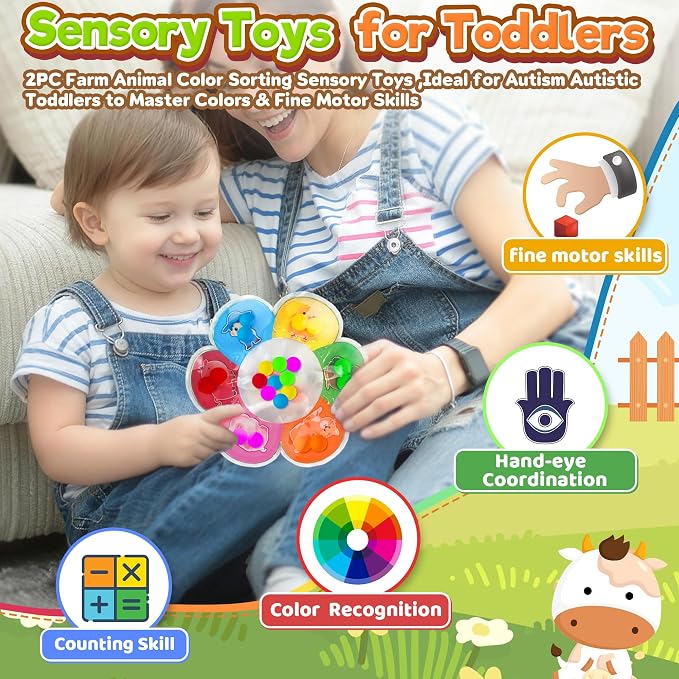 2PC Color Sorting Sensory Toy for Toddler Girl, Farm Animal Roadtrip Travel Essential Fidget Game, Montessori Preschool Learning Activities for Kid Boy Aged 2 3 4 Dementia Easter Basket Stuffer Gift