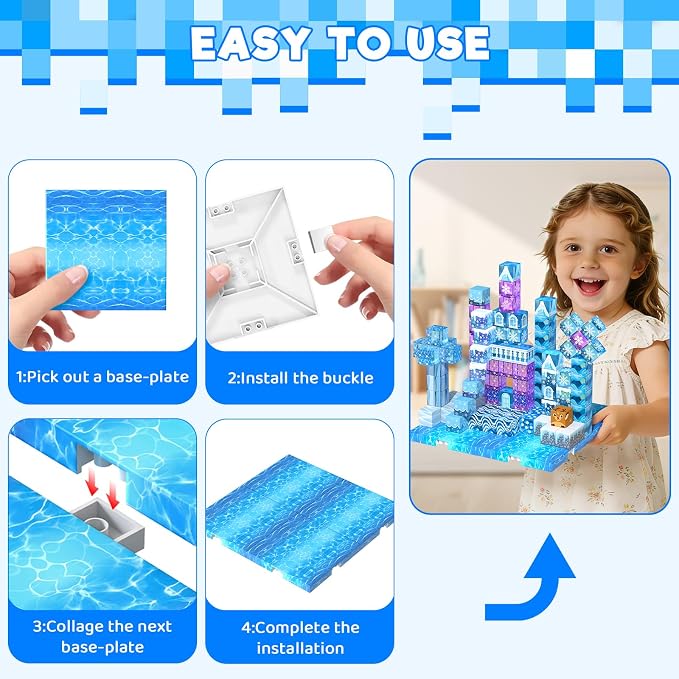 4PCS 4" x 4" Magnetic Building Block Base Plates for Kids, Strong Grip Magnetic blocks Base Compatible with Most Popular Magnetic Blocks & Cubes, STEM Educational Toys for Boys Girls Ages 3+ (Water）