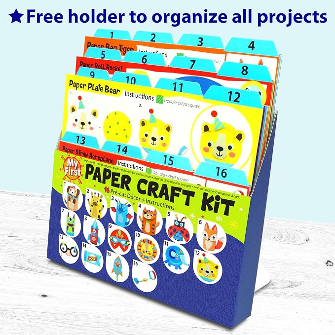 KRAFUN Safari Animal Beginner Paper Craft Kit for Kids Age 3+ | 16 Projects | 16 projects with paper bags, plates & rolls. Lion, Tiger, Giraffe & Elephant themes. Activity for boys & girls