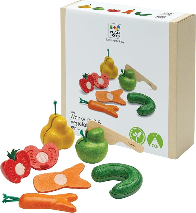 Plan Toys 3495 Wooden Toy, Wood | slicing, knife, tray, fruits and vegetables toys, pretend food, girls, boys, fine motor role play, social gift preschool