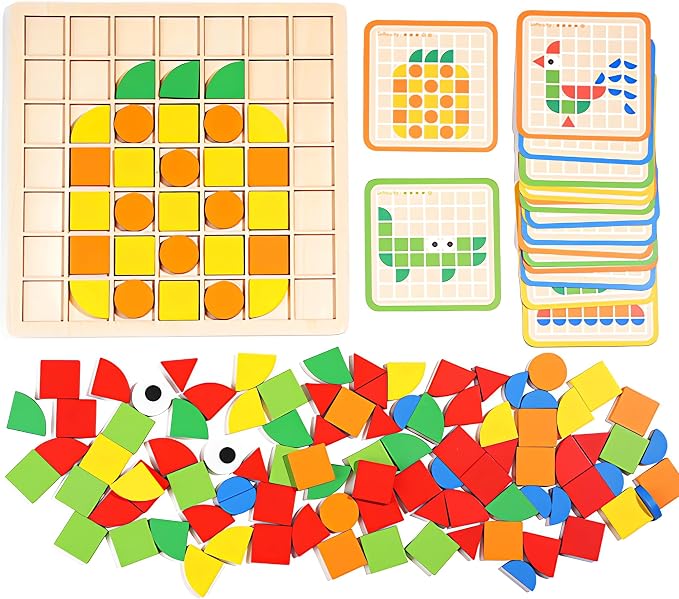 Pattern Blocks and Boards with 120 Pieces Colored Wooden Shape Blocks, with 20 Pieces Design Cards, Kindergarten Classic Geometric Puzzles Toys for Girls and Boys