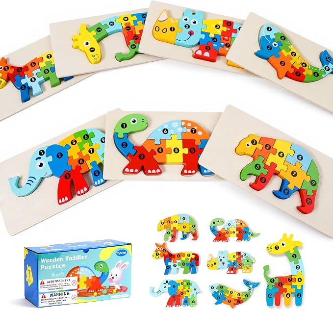 7 Pack Wooden Puzzles for Toddlers 3-5, Montessori Animal Puzzles | 70 pieces, with Numbers 1-10, CPC certified, for 3 4 5 Years Old, Preschool Learning Educational Toys, Boys Girls Gift