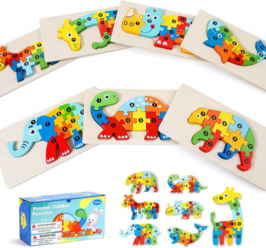 7 Pack Wooden Puzzles for Toddlers 3-5, Montessori Animal Puzzles | 70 pieces, with Numbers 1-10, CPC certified, for 3 4 5 Years Old, Preschool Learning Educational Toys, Boys Girls Gift