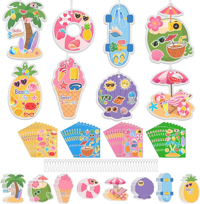 96 Pcs Summer Bookmark Craft Kits DIY Make Your Own Bookmark with Tropical Fruits Ice Cream Coconut Beach Stickers for Kids Classroom Activities Reading Rewards Birthday Camp Party Favors