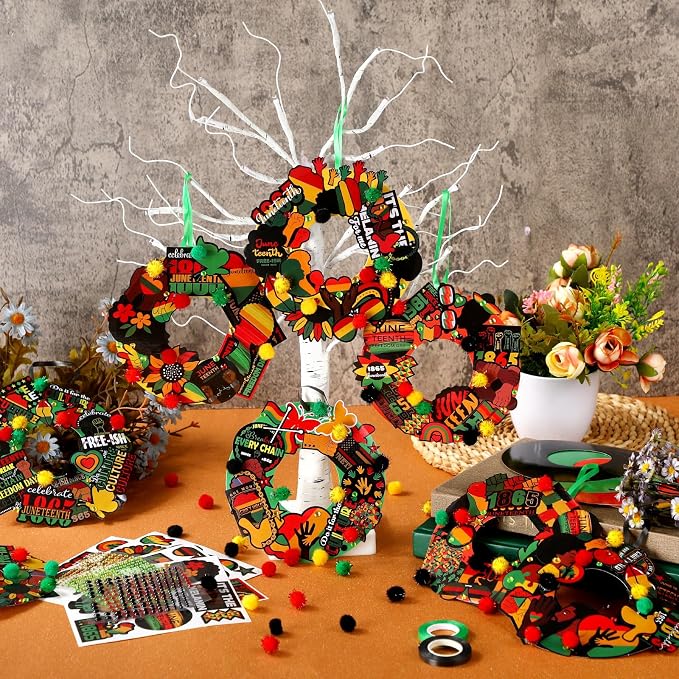 Hollowfly 48 Sets Juneteenth Wreath Craft Kits | 8 African American-Themed Designs, Cardboard Wreaths with Stickers and Pom Poms, 5.91 in Hanging Crafts for Juneteenth Events