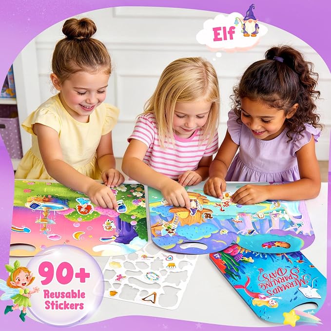 JoyCat Reusable Sticker Book Set for Kids, 3-Pack, Unicorn Fairy Mermaid | 90 washable stickers, kids car activities, road trip toy, party favors, toddler girl birthday gift, preschool creative play