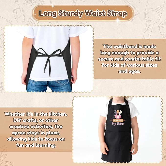 R HORSE Kid Apron and Chef Hat Set 2Pcs Adjustable Black My Kitchen Children Kitchen Apron, Dress up Role Play Chef Toy Funny Cooking Baking Painting and Training Kits for Kids Birthday Holiday Gift