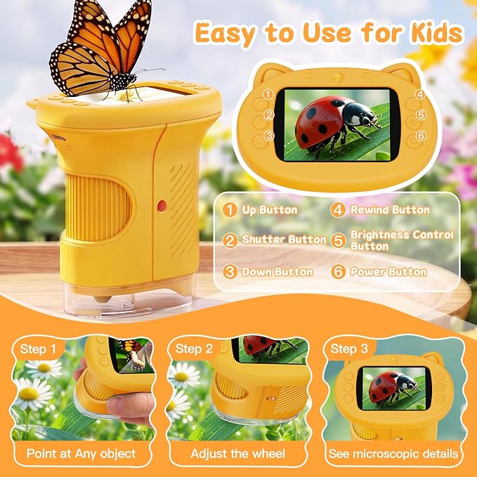 SEEKID Kids Microscope,1000X Handheld Digital Microscope (Yellow) | 2.4" IPS Screen | Rechargeable Handheld | 8 LED Lights | STEM Toy for Exploring Science | Ages 5–12