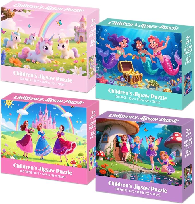100 Piece Puzzles for Kids Ages 4-6 6-8 8-10, Unicorn Mermaid Fairy Princess Jigsaw Puzzles 100 Pieces Kids Puzzles Ages 3-5 4-6 5-8, Educational Learning Toys Gifts for Girls Boys 4-Pack 15"x10"