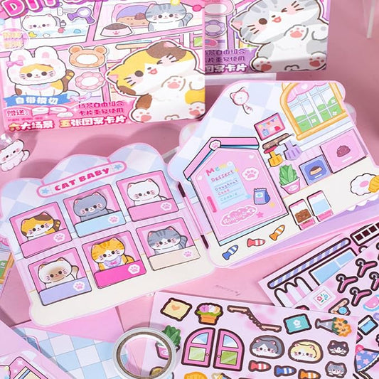 Cat Theme DIY Pre-Cut Sticker Quiet Book with 6 Pages of Background Scenes, Reusable Pretend Play Activity Book for Girls Birthday Gift, Pink