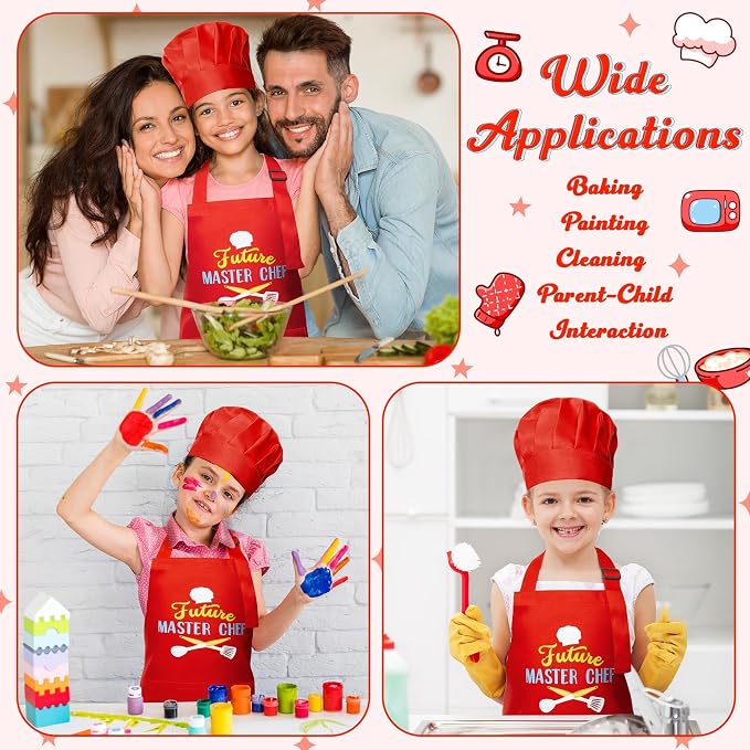 R HORSE 2 Pieces Kid Apron and Chef Hat Set, Dress up Pretend Play Toy | Red Future Master Chef Adjustable Children Kitchen Apron Set, Ideal for Cooking, Baking, Painting, Cooking Birthday Gift