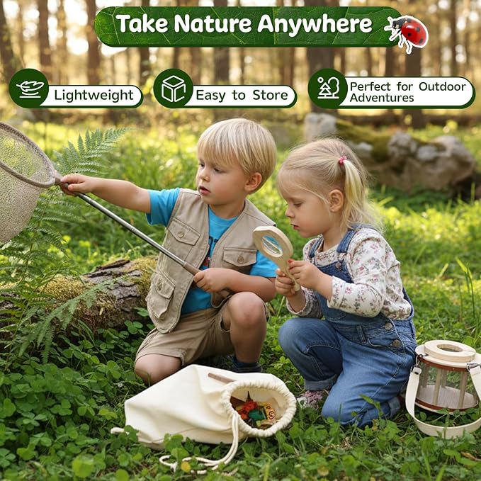 GAGAKU Wooden Bug Catcher Kit for Kids 4-8, Outdoor Explorer Set with Expandable Butterfly Net, Magnifying Glass, Tweezers, Educational Catching Toy for Backyard Camping, Gift for Boys Girls