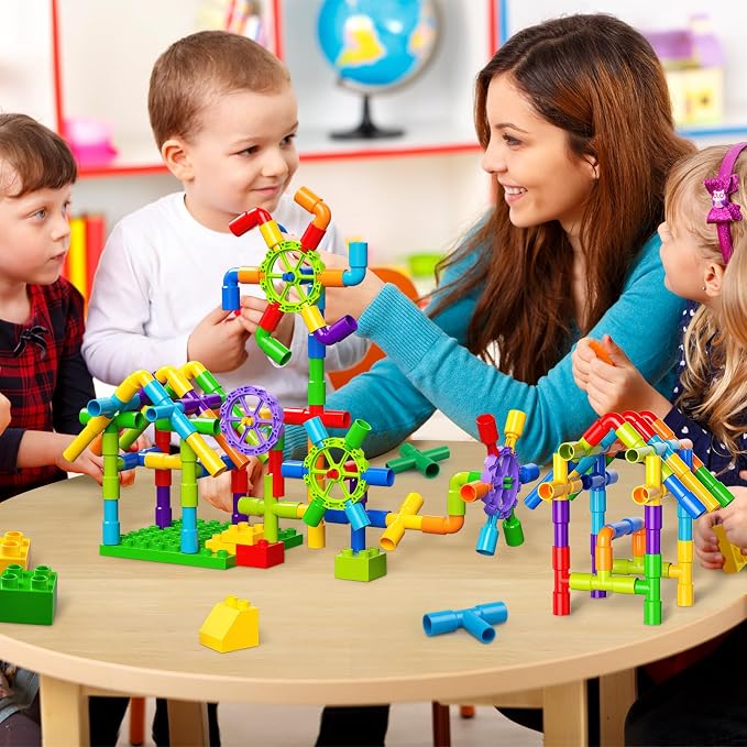 burgkidz STEM Tube Building Set: 188 Pcs Build Cars w/Wheels & Tub | Build cars, planes, houses & more: 162 tubes, 24 wheels, 2 baseplates. Compatible w/ major brands. Guide & tub included
