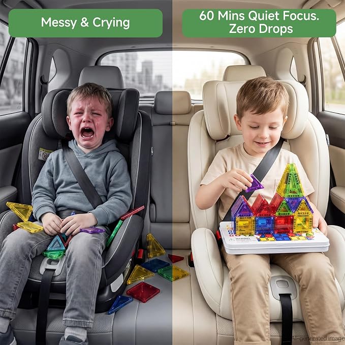 Mini Magnetic Tiles for Kids Travel 60 Mins Quiet Play 30s Cleanup | 40 PCS Cartoon Tin Box Magnet Building Blocks to Stop Crying - Birthday Gift Boys Girls Age 3-8