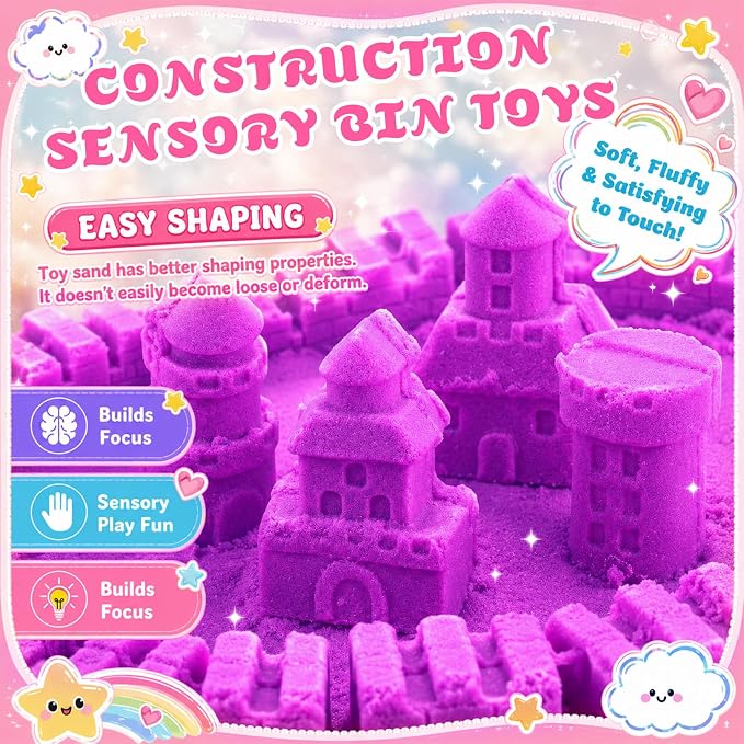 Teyva Daily 59 Pcs Sensory Bin Sand Kit with 2.2lbs Purple Moldable Play Sand, Inflatable Tray, Lidded Storage Box, Castle Ocean Animal Fruit Molds, Flags and Pump for Kids Toddler Ages 4-6