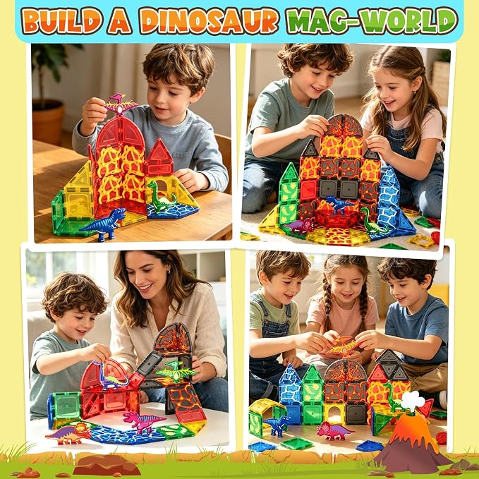 Magnetic Tiles Lava Dinosaur Toys Magnetic Blocks Building Set for Kids 3+ | Dinosaur Toys for Kids 3-5 5-7 6-8, Toddler Sensory Toy for Boys and Girls, Christmas Birthday Gifts, Classroom Must Haves