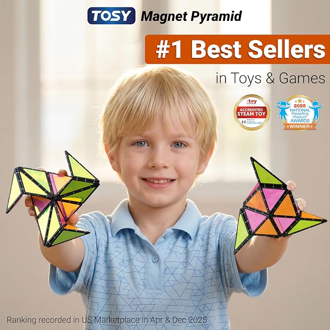 TOSY Magnet Pyramid - 1 Fidget Cube Transforms into 1 Billion Shapes, 243 Rare Earth Magnets, Glowing, Holographic Design, Spinner Accessory, Gift for Christmas Birthday (Set of 1 Stone 1 Glow)