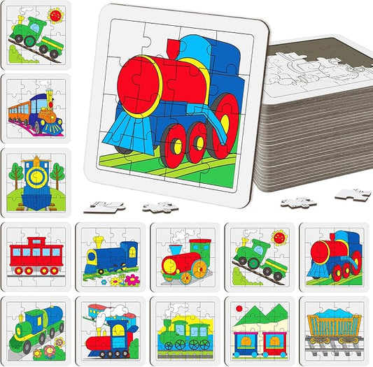 Cinrobiye 24 Pcs Train Coloring Puzzle Craft Kit for Kids, DIY Transportation Jigsaw Puzzles Bulk, Train-Themed Activity Set for Birthday Party Favors, Classroom Games, Art Projects