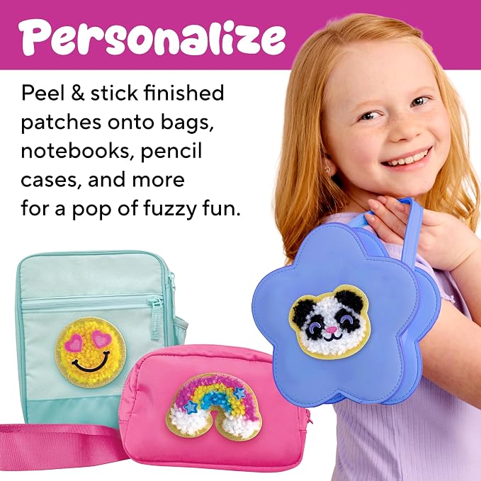 Creativity for Kids Make Your Own Latch N' Patch Fuzzy Stickers Kit | Assemble, Trim & Decorate 5 DIY Yarn Patches | Mess-Free Latch Hook Craft | Sleepover & Screen-Free Kids Activity (Ages 7+)