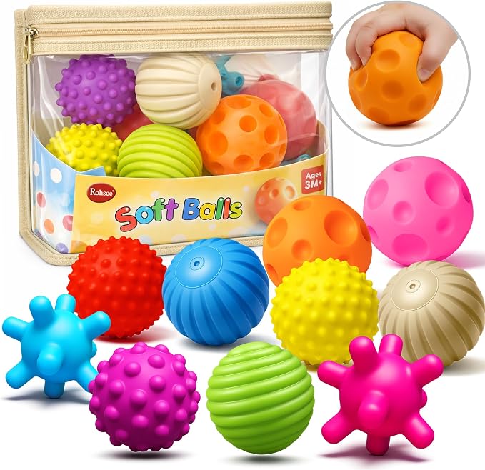 Sensory Balls for Toddlers 1-3, 10PCS Soft Textured Balls | 10PCS Baby Soft Ball Set with Bag, Infant Teething Toys for Boys & Girls, Bath & Indoor Play, Montessori Gifts