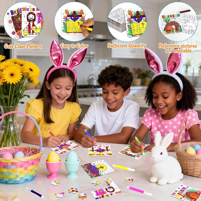 24Pcs Christian Easter Crafts for Kids Ages 4-8, Religious Easter Puzzle Jesus He Is Risen, Bible Jigsaw Arts Gifts for Classroom DIY Activity, Basket Stuffers, Spring Party Favors, Coloring Game Bulk