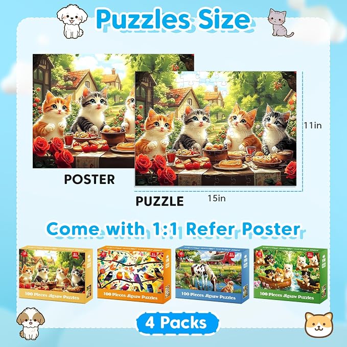 4 Packs 100 Piece Puzzles for Kids Ages 4-6 6-8 8-10, Cats Birds Farms Dogs Jigsaw Puzzles Educational Kids Puzzles 5-8 Gifts for Girls Boys Adults Seniors 15x11in
