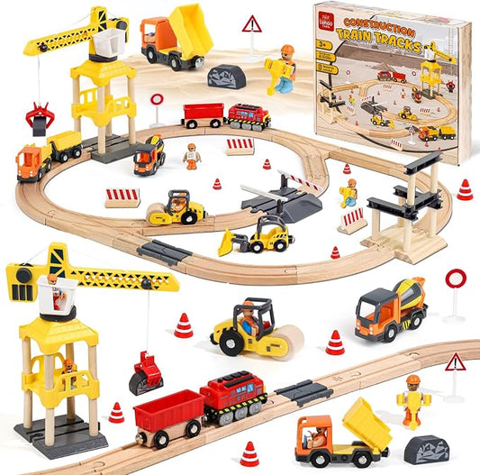 Lehoo Castle Wooden Train Set, Construction Toys for 3 Year Old Boys | Wooden Train Track Set for Kids w/Crane, Toy Train Railway Playset for Toddler Boy Birthday Gift