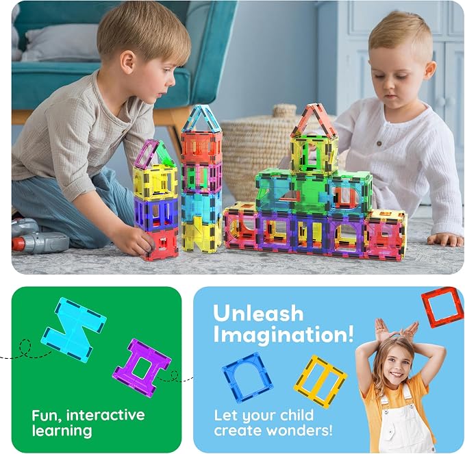 PicassoTiles Magnetic Tiles Building Blocks STEM Toy Set for Kids Ages 3+ | geometric shapes, educational preschool playset, clear window design, ideal starter pack, early brain learning, pretend play