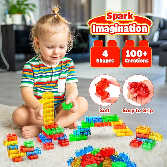 LESONG Sensory Building Toys for Toddlers: 24PCS Squeezable Silicone Stacking Toys – Early Learning Construction Playset for Preschool Manual Skills, Birthday Gifts