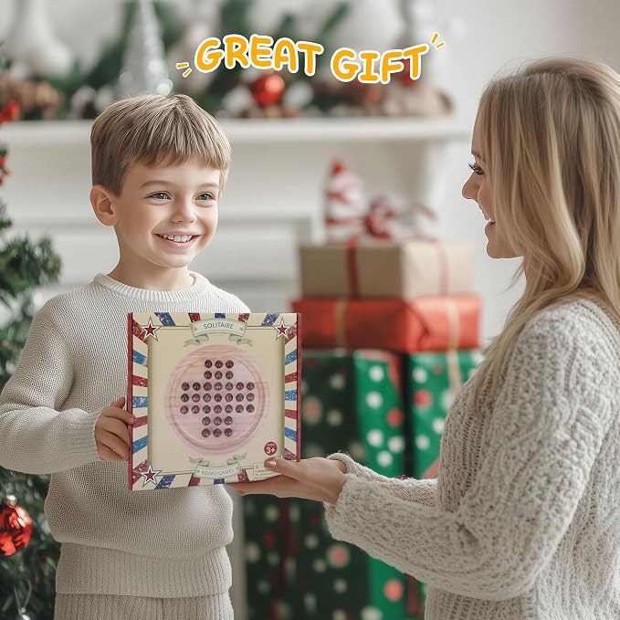 Gothink Solid Wood Solitaire Game, Classic Handcrafted 9'' Wooden Solitaire Board, 33 Smooth Wooden Balls, Single Strategic Mind Game for Kids and Adults