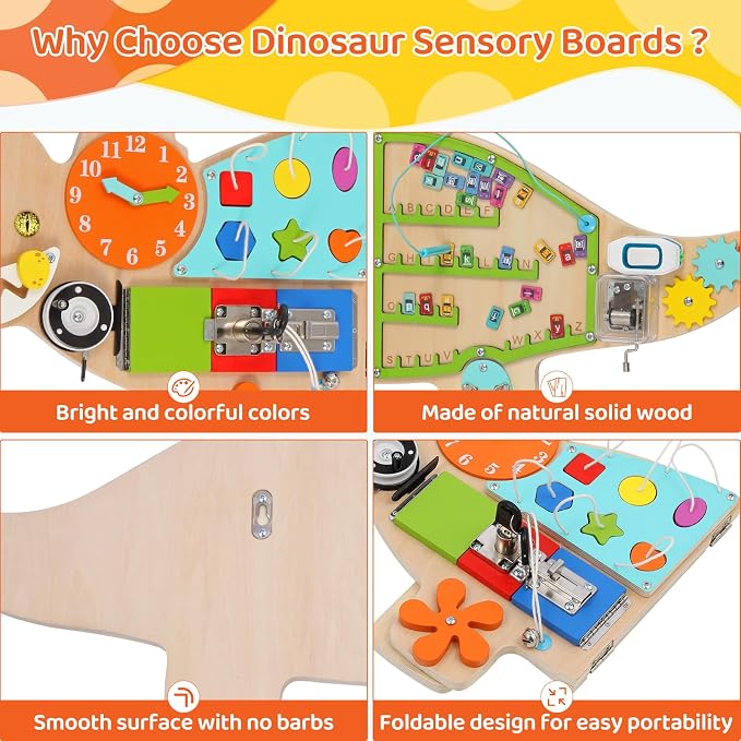 FIIOEOY Dinosaur Wall Busy Board,11-in-1 Montessori Wall Activity Board | Foldable Wooden Sensory Wall Panel for Kids, Wall-Mounted Busy Board, Perfect for Playroom, Daycare, Waiting Room & Nursery