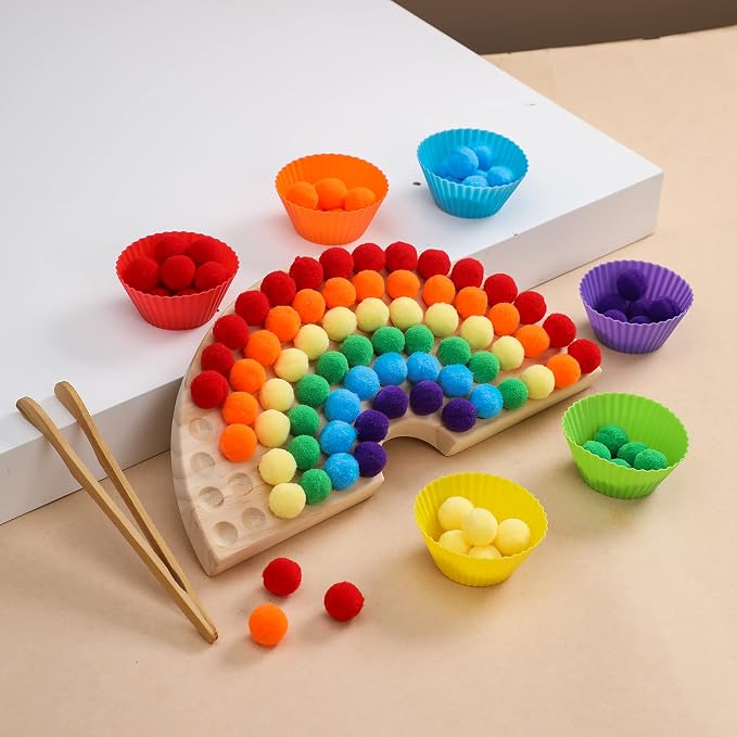 Board Beads Game Pine Wooden Rainbow Bead Maze Montessori Color Sorting Toys for Toddlers 1-3 Match Game