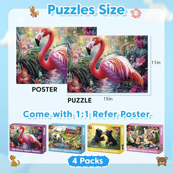 4-Pack 100 Piece Puzzles for Kids Ages 4-6 6-8 Year Old | Tigers Bears Farm Flamingos, Jigsaw Puzzles for Kids Ages 8-10, Learning Educational Children Puzzles 5-8 for Boys and Girls
