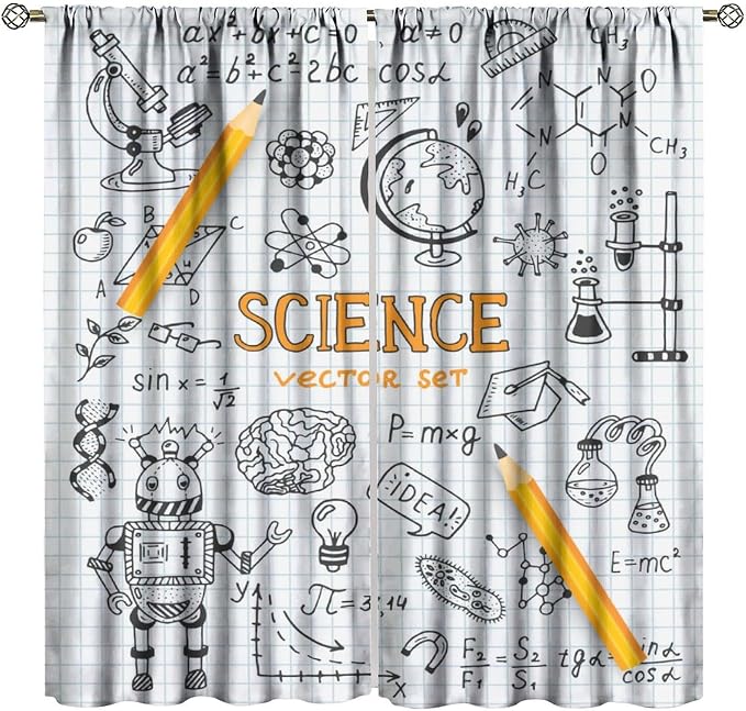 Science Symbols Kids Curtain Sketches Cartoon Chemistry Physics Geometry Education Pattern Print Window Drapes for Bedroom Living Room Kitchen Decor,2 Panel Set,42x54 Inch Blackout