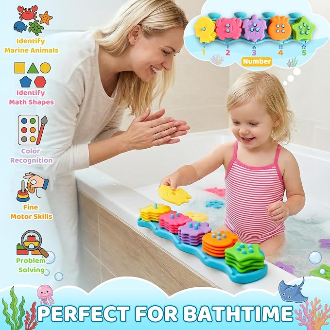 Mold Free Bath Toys for Kids Ages 1-3 Silicone Ocean Shape Sorters Toy | 21 Color Floats Sorting Stacking Bath Toys Toddlers 2-4 Early Learning Baby Shower Gifts for 1 2 3 4 Year Old Girls & Boys