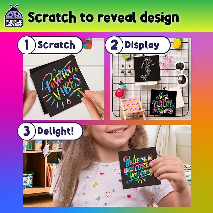 Rainbow Scratch Art for Kids - 150 Pcs Rainbow Scratch Art Paper Mini Notes | Arts and Crafts Supplies Ages 4-12, Stocking Stuffers for Kids, Activities for Classroom, Camping, Summer, Travel, & Wedding