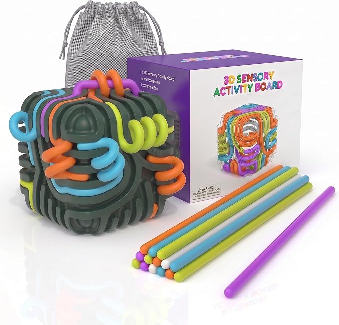 Sensory Activity Board Cube Fidget Toys for Kids & Adults - Zero Noise Silicone Quiet Toddler Travel Toys for Car Rides & Airplane - Autism ADHD Calming Toy Gift Stuffers with 15 Strings