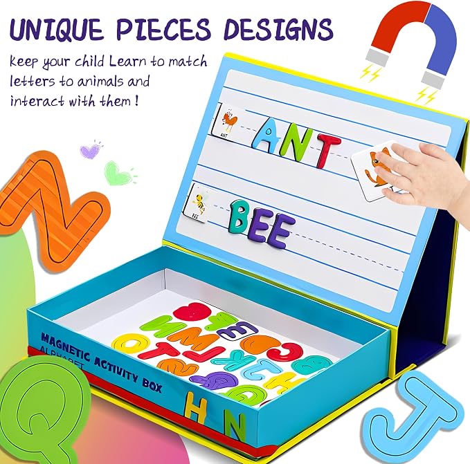 Magnetic Puzzle Book for Kids Ages 4-8, 76-Piece Alphabet & Animal Set | Educational Magnetic Book with Dress-Up Activities, Jigsaw Fridge Magnets, Travel-Friendly STEM Learning Toy
