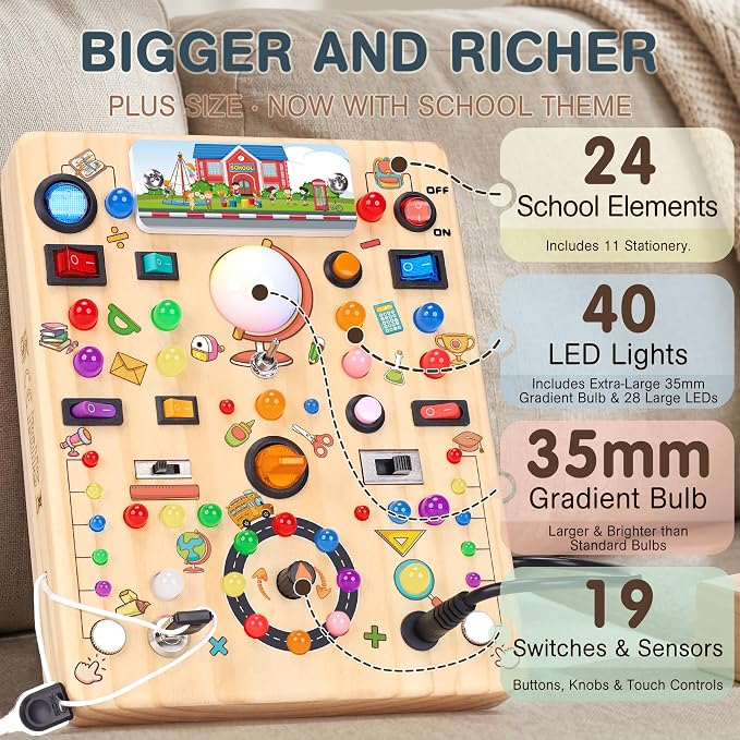 RichBoy Busy Boards, Lights Switch-Style, Wooden, 59-in-1, Large | Toddlers Birthday Gifts, Montessori Toys, Autism Sensory, Fine Motor Skills, Educational Learning, Travel Essentials