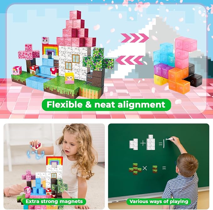 Annexfun Magnetic Blocks - 100PCS Building Blocks Unicorn Cubes - Toys for Montessori Toddler Christmas Birthday Gifts - STEM Sensory Toys for 3 4 9 10 Year Old Girl