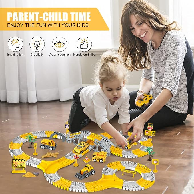 260PCS Construction Race Car Track Set for Kids Toys | 2 Electric Cars, 4 Construction Cars, 1 Map & Flexible DIY Track Set, Engineering Toys for 3 4 5 6 Year Old Boys Girls