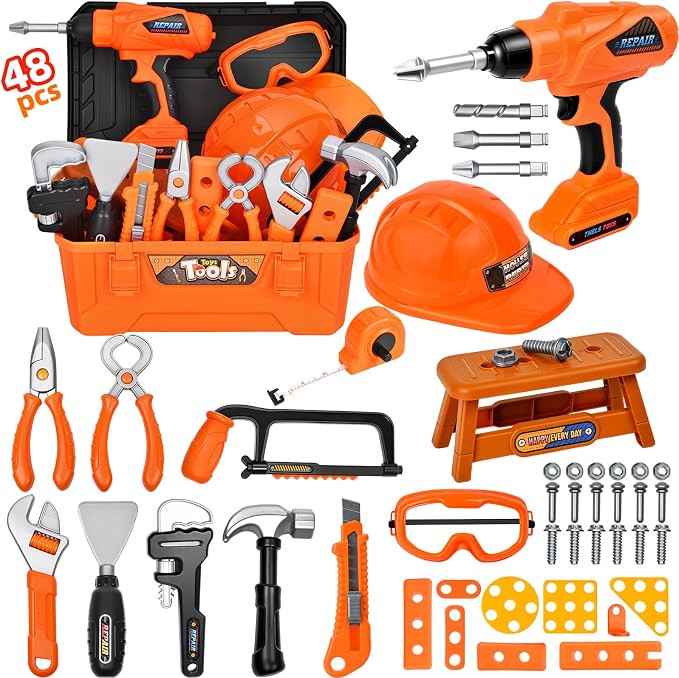 48 PCS Realistic Kids Tool Set with Hard Toolbox & Battery Powered Toy Drill, Pretend Play Toddler Tool Kit Construction Toys with Hard Hat for Boys & Girls Age 3-8