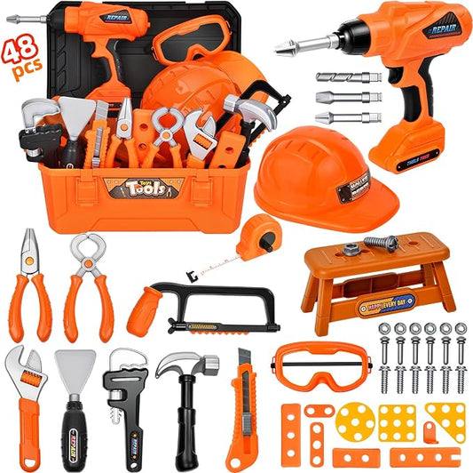 48 PCS Realistic Kids Tool Set with Hard Toolbox & Battery Powered Toy Drill, Pretend Play Toddler Tool Kit Construction Toys with Hard Hat for Boys & Girls Age 3-8
