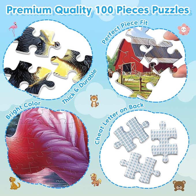 4-Pack 100 Piece Puzzles for Kids Ages 4-6 6-8 Year Old | Tigers Bears Farm Flamingos, Jigsaw Puzzles for Kids Ages 8-10, Learning Educational Children Puzzles 5-8 for Boys and Girls