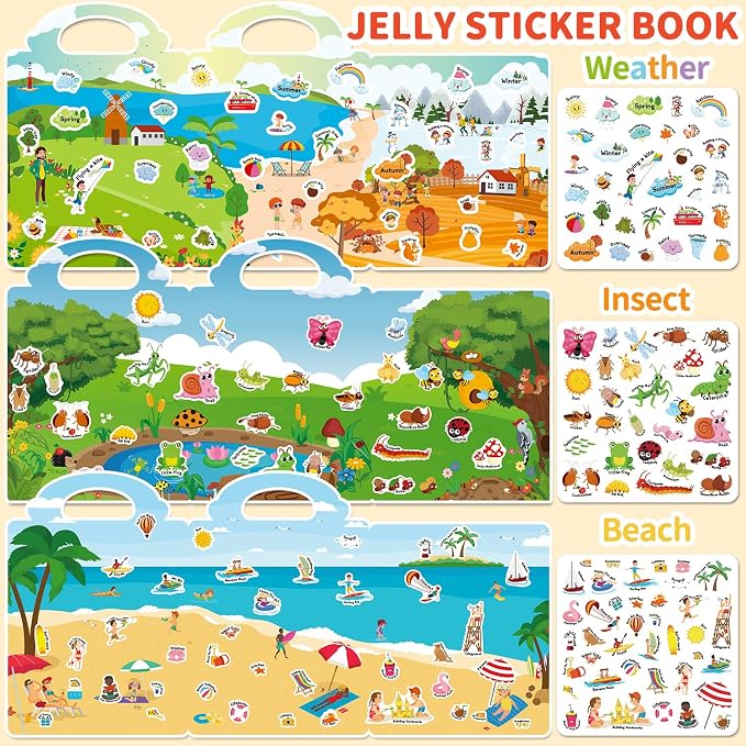 3 Sets Reusable Sticker Book for Toddlers 3-6, Jelly Sticker Books for Toddler, Travel Sticker Activity Toys for Kids 3 4 5 6 Years Old Girls & Boys（Weather + Insect + Beach）