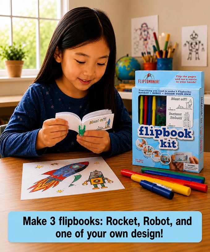 Fliptomania Flipbook Make-Your-Own Flip Book Kit for Kids 3 Pack, Rocket, Robot, & Blank DIY Flipbook Paper, Drawing Kids Arts & Crafts Project Set, Boys and Girls Arts and Crafts for Kids Ages 8-12